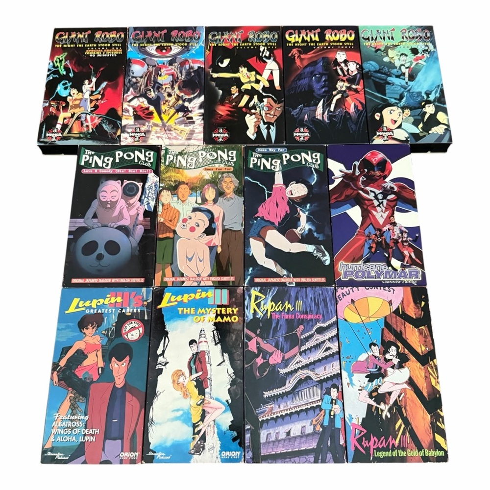 RARE Anime VHS Tapes Lot Of 13 Giant Robo, Ping Pong Club, Lupin 3rd Manga Video